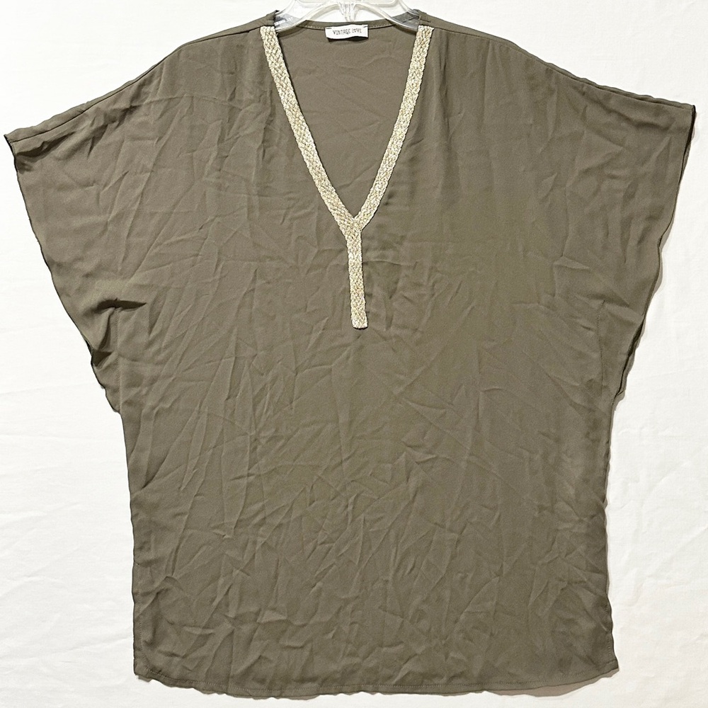 Vintage Love Olive Green S/S V-Neck Kaftan/Tunic Top w/Metallic Gold Trim - NS